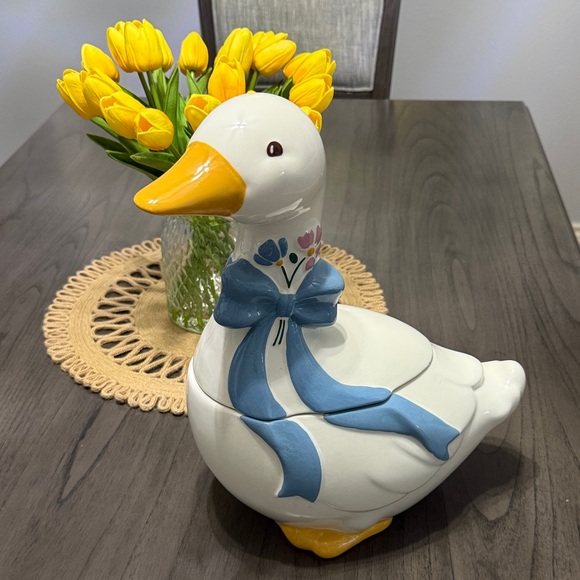 Vintage Other - Vintage 80s Ceramic Goose Cookie Jar Blue Bow Country Kitchen